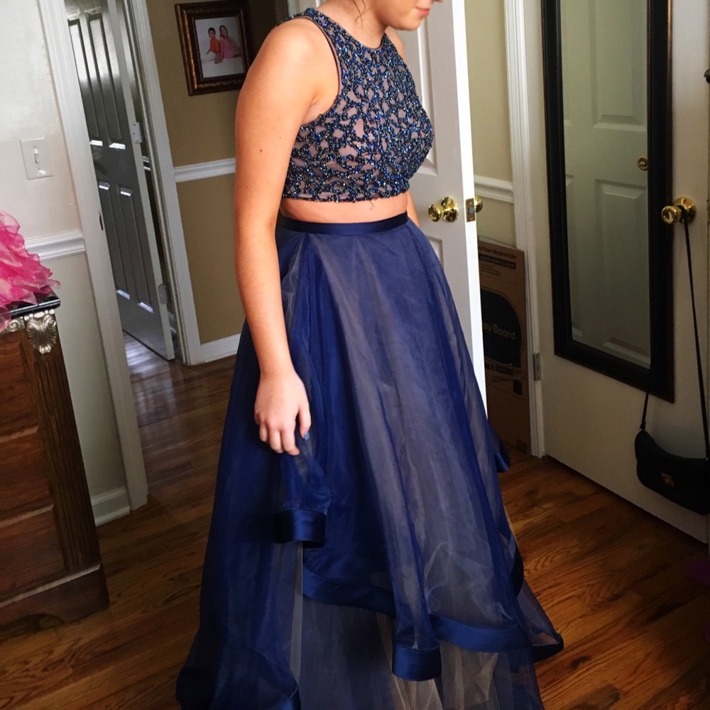 Blue 2 piece beaded prom dress